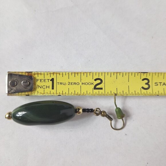 Elegant Green Oval Bead Dangle Earrings Gold Black Accents Handmade Boho Jewelry - Picture 3 of 3